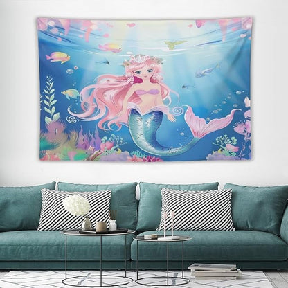 HZOHNAGO Mermaid Girls Tapestry Watercolor Mermaid Princess Pattern Printed Wall Tapestry Wall Hanging for Bedroom Living Room Dorm 90" W x 60" H