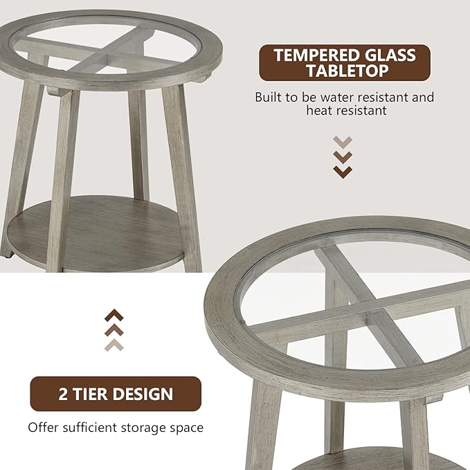 COSIEST 2-Tier End Table with Tempered Glass Top, Round MDF Side Table with Storage Shelf, Modern Wood Accent Table for Bedroom Living Room Home Office, Antique Silver