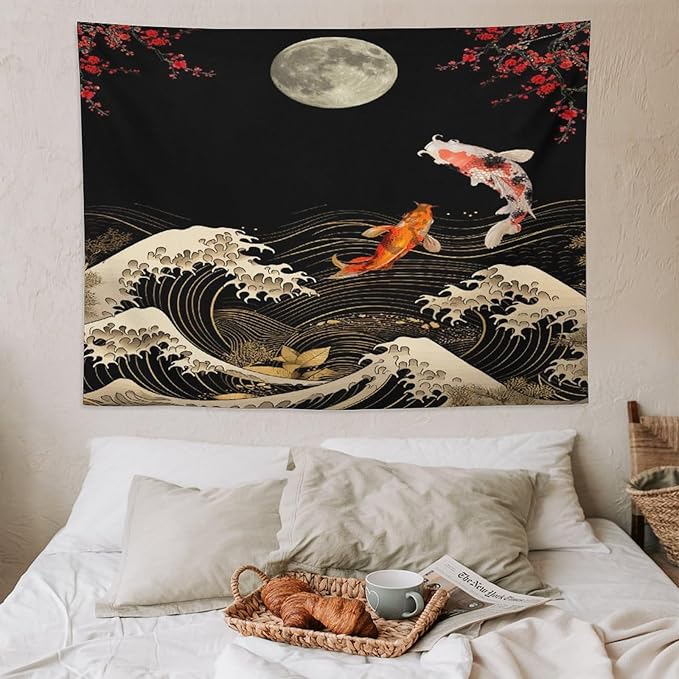 Houselerax Koi Fish Tapestry, Japanese Style Yin Yang Big Wave Cherry Blossom Tapestries Wall Hanging for Bedroom Living Room Office Decor 80"x60"