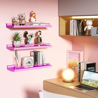 Pink Floating Shelves, Kawaii Room Decor Wall Shelves for Living Room, Bedroom, Picture Frames, Plants, Kitchen - Set of 3 (Rose Pink), 84732428