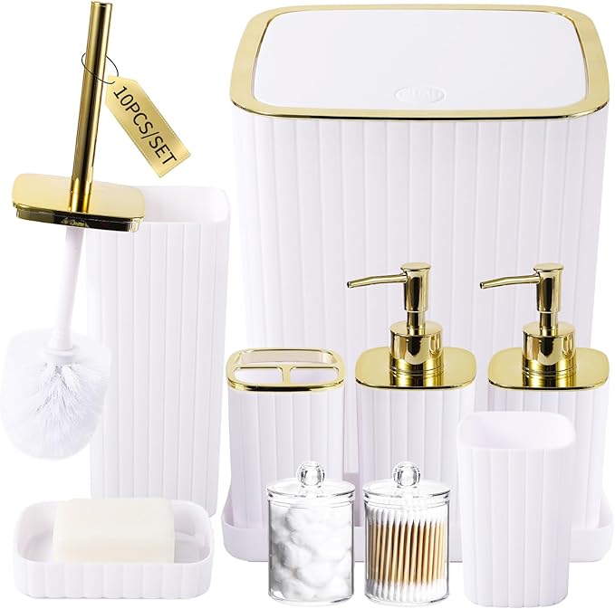 Bathroom Accessories Set - Gorgeous Bathroom Set, 10PC White Bathroom Accessory Set, Toilet Brush, Trash Can, Qtip Holder Dispenser & Soap Dispenser