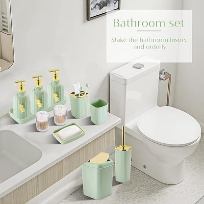 17PCS Bathroom Accessory Set Bathroom Set Green Bathroom Decor,Toilet Brush, Trash Can, Qtip Holder Dispenser& 3PCS Soap Dispenser