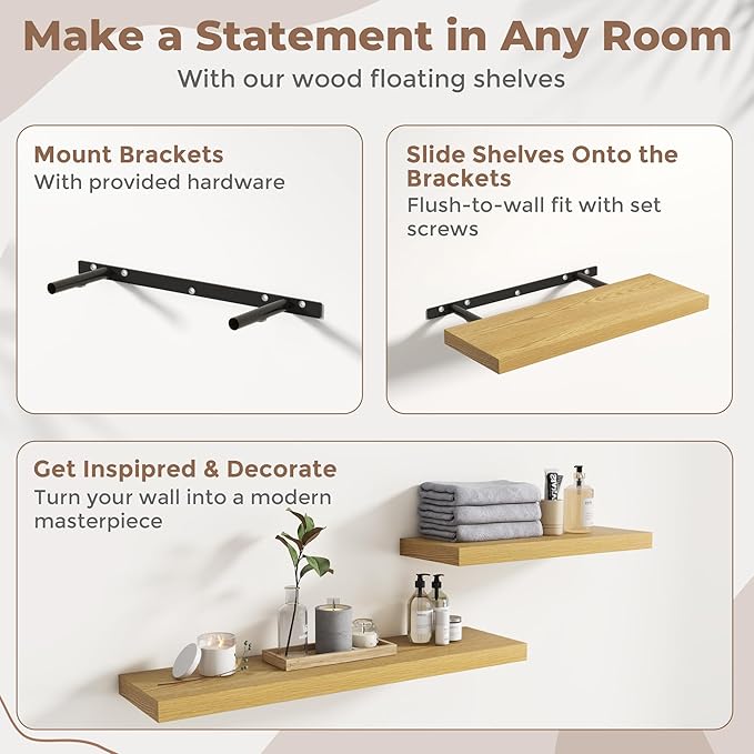 16 Inch Floating Shelves for Wall Set of 2, 8"D Wood Grain Bathroom Shelves with Invisible Brackets, Easy Install Engineered Wood Storage Shelves for Kitchen, Living Room, Bedroom, Oak Finish