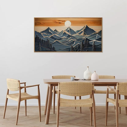 Tinonedraw Metal Mountain Framed Canvas Wall Art, Boho Mountains Forest Artworks, Mid Century Modern Blue Ridge Wall Decor, Vintage Nature Sunset Art Print for Living Room Bedroom Office 20"x40"