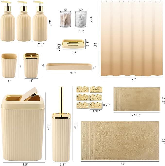 32PCS Bathroom Accessories Set Bathroom Set,Beige Shower Curtain Set,Bath Towel Set,Hand Towel,Toilet Brush,Trash Can & 3PCS Soap Dispenser