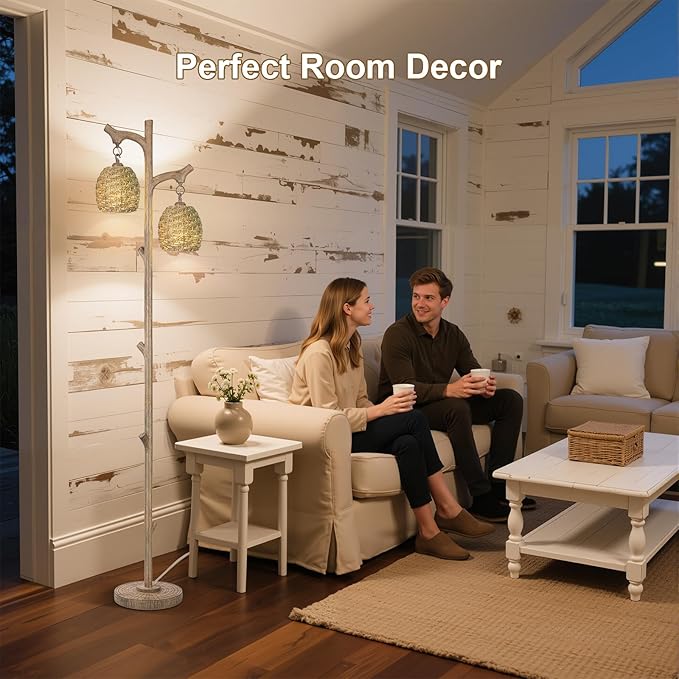 Scenekoy Vintage 68” Tall Floor Lamp with Straw Rope Woven Shade, Retro Resin Standing Lamp Tree Trunk Finish, Dimmable Corner Lamp Stand Up Light with Bulb Prefer for Living Room Bedroom Home Decor