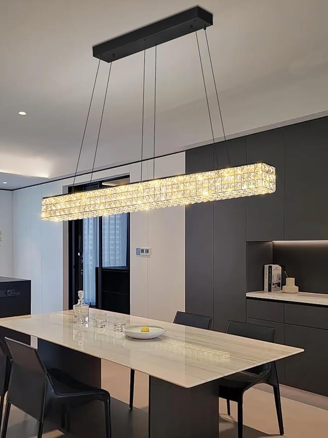 W48 Black Chandeliers for Dining Room, Modern Crystal Pendant Lights Fixture Farmhouse Hanging Dining Light Fixtures for Kitchen Island, Living Room, Bedroom