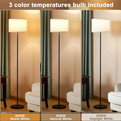 Ambimall Modern Standing Floor Lamp for Living Room & Bedroom with 3 Color Temperatures Bulb & Pull Chain Switch, 60" Tall with Beige Shade & Black Pole