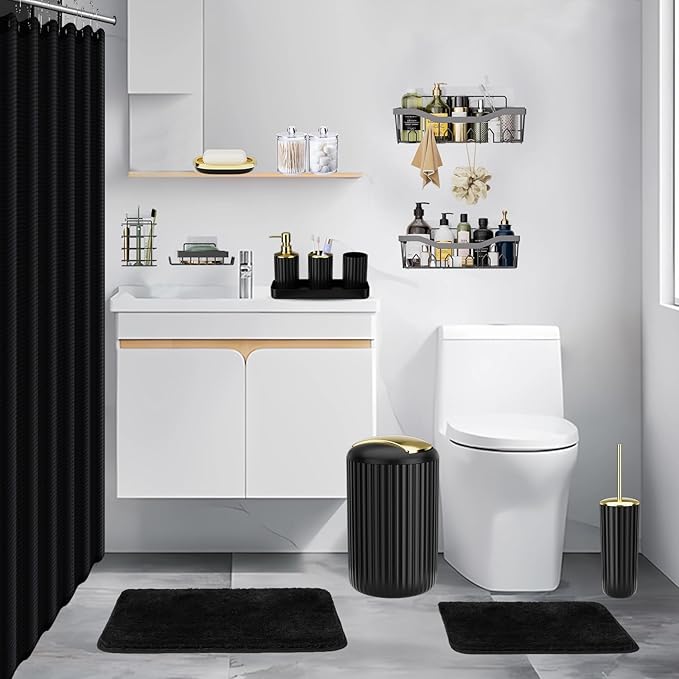 Black Bathroom Accessories Set with Shower Caddy-28PCS Black Bathroom Set with Shower Curtain, Rugs, Shower Curtain, Trash Can, Toilet Brush, Soap Dispenser and Toothbrush Set