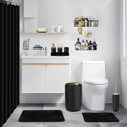 Black Bathroom Accessories Set with Shower Caddy-28PCS Black Bathroom Set with Shower Curtain, Rugs, Shower Curtain, Trash Can, Toilet Brush, Soap Dispenser and Toothbrush Set