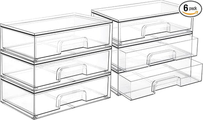 Vtopmart 12.1''W Clear Stackable Storage Drawers,6 Pack Acrylic Plastic Organizers Bins for Makeup Palettes, Cosmetics, and Beauty Supplies,Ideal for Vanity, Bathroom,Cabinet,Desk Organization