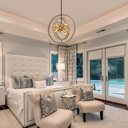 18" Crystal Globe Sputnik Chandelier, 6-Light Black Gold Modern Adjustable Hanging Ceiling Pendant Light Fixture for Entryway Foyer Stairway Bedroom Dining Living Room Hallway