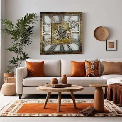 The Gears Clock 24'' Inch Square Real Moving Gear Wall Clock Vintage Industrial Oversized Rustic Farmhouse (Gold Antique)