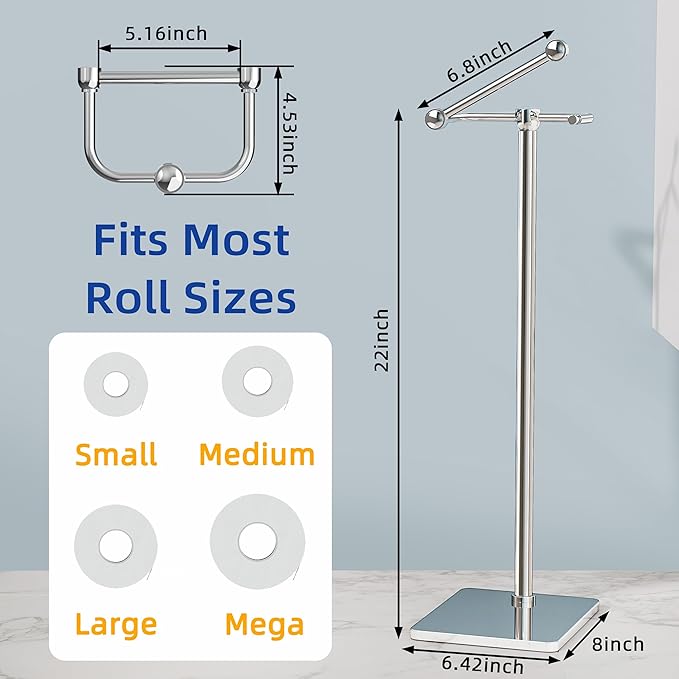 RUACQ Toilet Paper Holder Stand, Bathroom Toilet Paper Roll Holder Free Standing, Toilet Tissue Holder Stand with Post Pivoting Design, Stable Weighted Base, SUS304 Stainless Steel (Chrome)