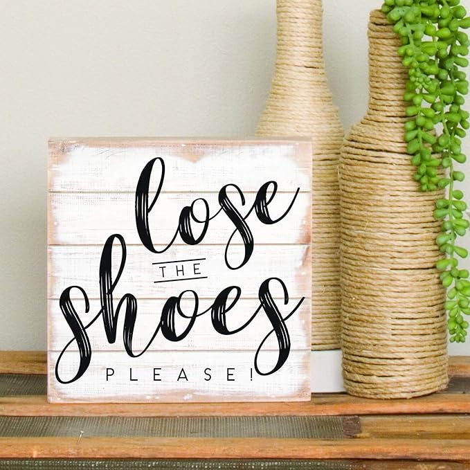 Simply Said, INC Perfect Pallets Petites No Shoes Sign - Lose The Shoes Please - 8 x 8 inch Wood Sign - Kindly Remove Your Shoes Sign - Made in USA - PET18388