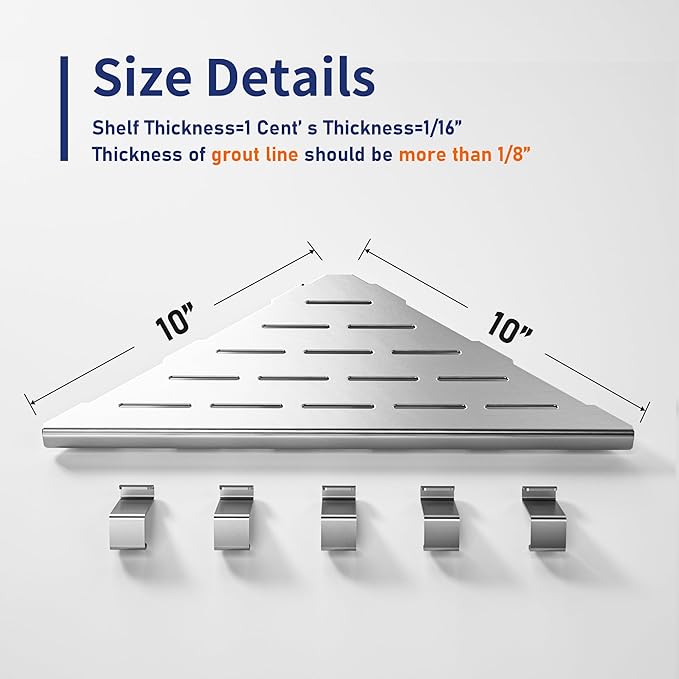 10‘’ Corner Shower Shelf, 304 Stainless Steel Shelves for Bathroom, Grout in Shelf with Hooks for Tiled Wall (Brushed)