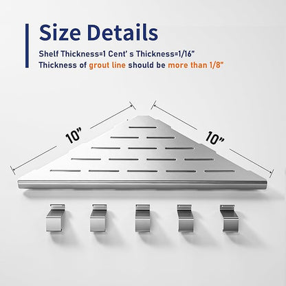 10‘’ Corner Shower Shelf, 304 Stainless Steel Shelves for Bathroom, Grout in Shelf with Hooks for Tiled Wall (Brushed)