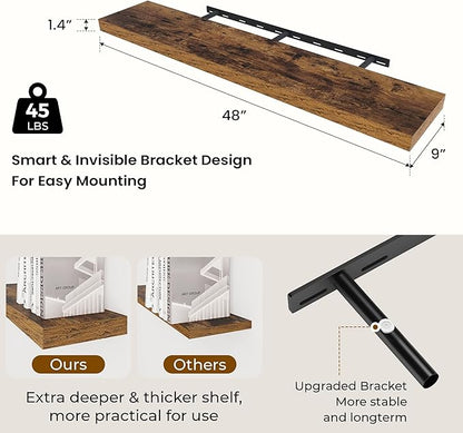 48 inch Floating Shelves for Wall Large Wall Mounted Shelves with Invisible Brackets, Brown Long Shelves for Bathroom, Living Room, Kitchen, Office, 48x9.1 inch deep Set of 2
