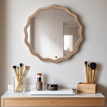 Round Mirror Vanity Mirrors for Bathroom with Wavy Wood & Beaded Frame - Wall Mirrors for Living Room,Entry Mirrors for Wall,Decorative Mirror