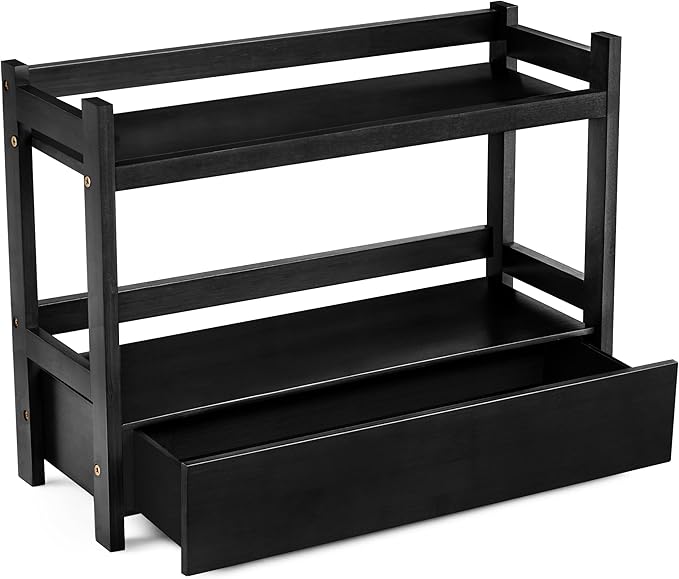 Sorbus Bamboo Bathroom Counter Organizer – 2-Tier Shelf with Hidden Drawer for Vanity, Matcha Station, Bathroom Sink Organizer Countertop, Kitchen & Office Storage (17″ L x 6.5″ W x 12.6″ H) (Black)