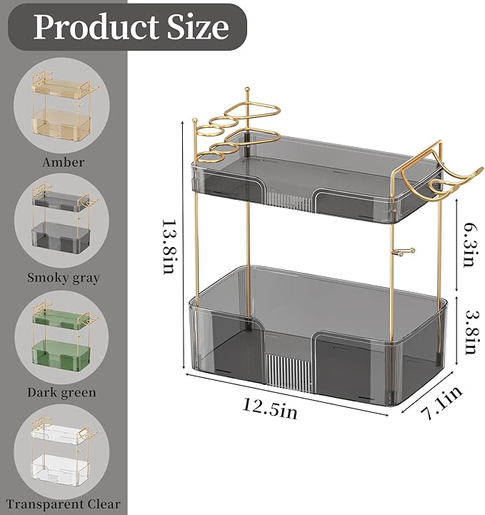 Bathroom Counter Organizer with Hair Dryer Holder, Hair Tool Countertop Storage, Cosmetics Skincare Shelf Organizer, Makeup Organizer Perfume for Dresser Vanity Tray(2 Tier-Grey)
