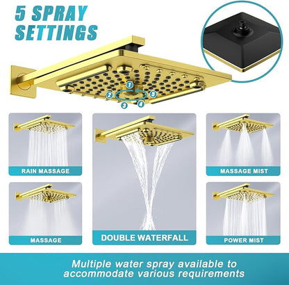 ELLO&ALLO Bathroom Shower Faucet Set Mixing Valve and Trim Kit, Complete Shower System with Rough-in Valve, Brushed Gold