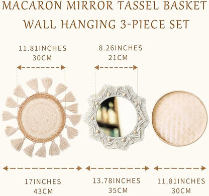 Boho Wall Basket Decor Set - Flat Woven Macrame Tapestry, Mirror White Round Tassels, Handmade Rattan Wicker Seagrass Wall Basket