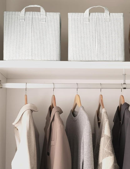 StorageWorks Storage Bins, Fabric Storage Bins for Shelves, Large Storage Baskets with Metal Frame, Closet Baskets and Bins with Handles, Gray and White Stripes, 2-Pack