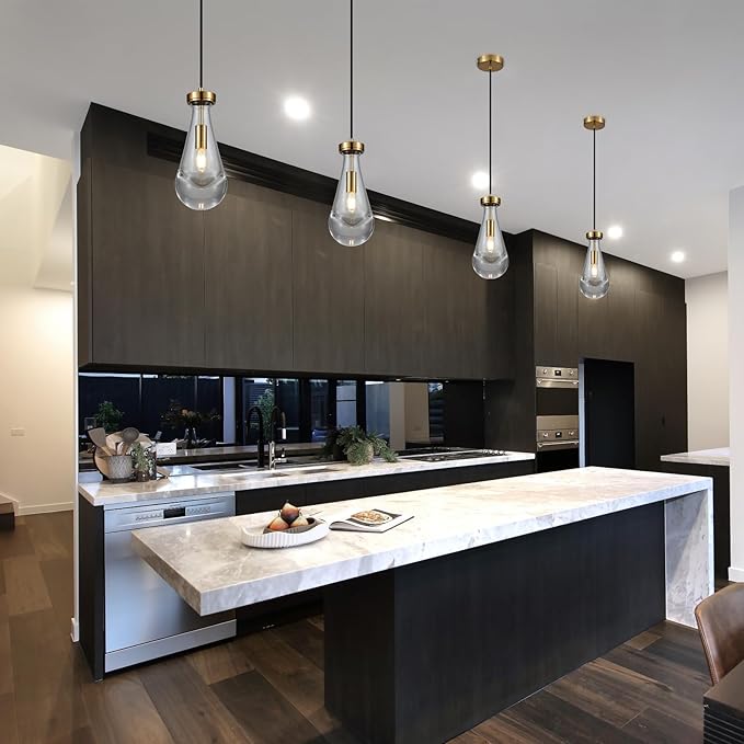 Raindrop Pendant Light Fixtures Set of 3, Brass Glass Pendant Lighting, Teardrops Modern Hanging Light for Entryway Foyer Kitchen Island Dining Living Room Hallway