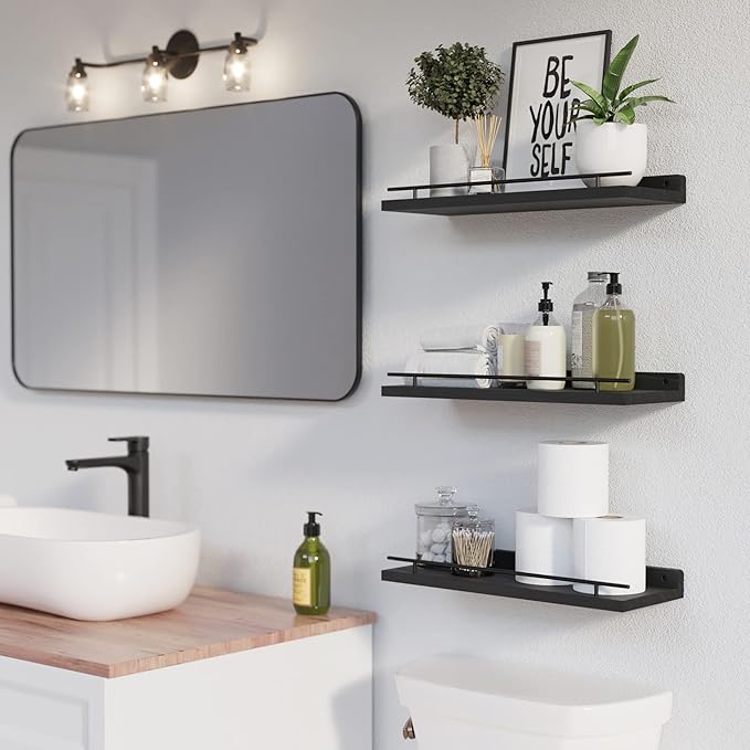 WOPITUES Floating Shelves with Black Metal Guardrail, Shelves for Wall Decor Set of 3, Wall Shelves for Bedroom, Bathroom, Kitchen, Living Room, Plants, Picture Frames, Art- Black