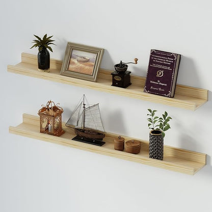 SAUMONIERES Picture Ledge Shelf Floating Book Shelves Set of 2 Wall Mounted Solid Wood for Bedroom Bathroom Living Room Kitchen, 36 Inch Natural