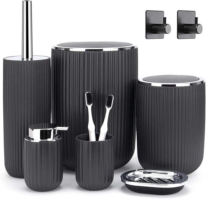 Boperzi Bathroom Accessories Set Complete: 8pc Bathroom Accessory Set with Trash Can 2pc for Floor/Counter, Toilet Brush, Soap Dispenser, Toothbrush Holder, Adhesive Hook, Grey Modern Bathroom Set