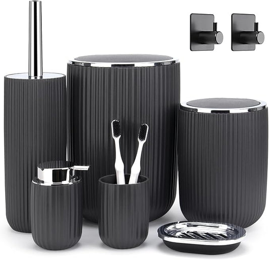 Boperzi Bathroom Accessories Set Complete: 8pc Bathroom Accessory Set with Trash Can 2pc for Floor/Counter, Toilet Brush, Soap Dispenser, Toothbrush Holder, Adhesive Hook, Grey Modern Bathroom Set