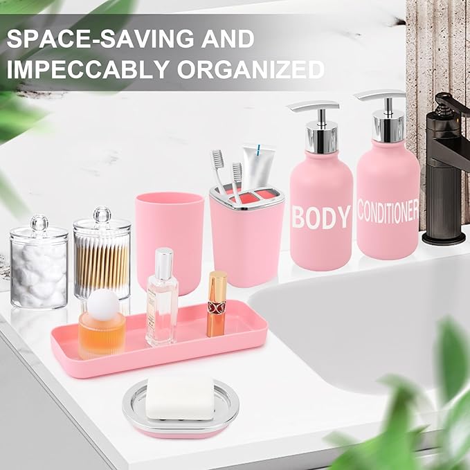 Pink Bathroom Accessories Set - 10 Piece Bathroom Set with Trash Can and Toilet Brush, Soap Dispenser, Toothbrush Holder and Cup, Soap Dish, and Qtip Holder, for Housewarming Gift