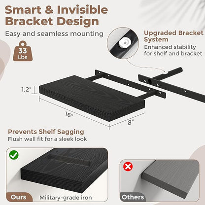 16 Inch Floating Shelves for Wall Set of 2, 8"D Wood Grain Bathroom Shelves with Invisible Brackets, Easy Install Engineered Wood Storage Shelves for Kitchen, Living Room, Bedroom, Black Finish