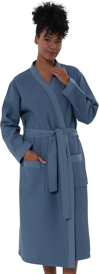 Women’s Luxury Waffle Shawl Collar, Hooded Robe w Piping – Lightweight, Long, Ultra Soft Spa Sleepwear Bathrobe