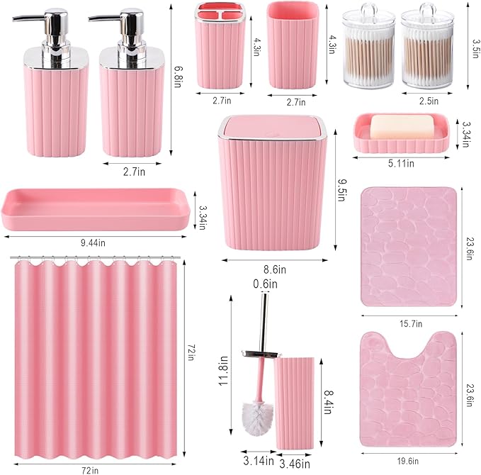 Bathroom Set with Shower Curtain and Rugs- 25PC Pink Bathroom Accessories, Shower Curtain Set, Toilet Brush, Trash Can, Qtip Holder Dispenser & Soap Dispenser