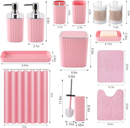 Bathroom Set with Shower Curtain and Rugs- 25PC Pink Bathroom Accessories, Shower Curtain Set, Toilet Brush, Trash Can, Qtip Holder Dispenser & Soap Dispenser