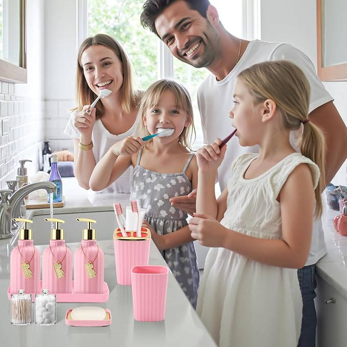 20PC Bathroom Accessory Set Pink Bathroom Accessories Bathroom Set, Shower Curtain Set, 2 Piece Bath Towel Set, 3PC Soap Dispenser, Toilet Brush & Trash Can