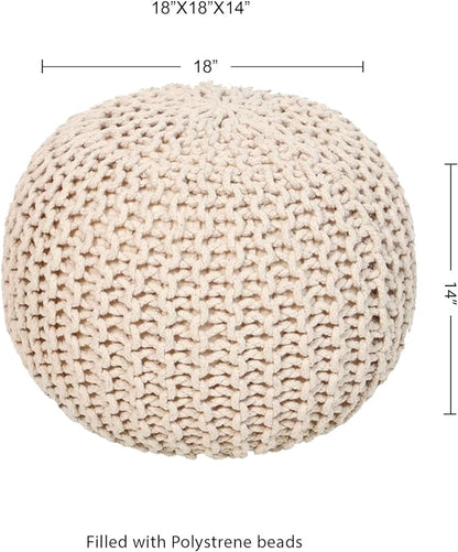 REDEARTH Round Pouf Ottoman - Cable Knitted Boho Poof - Home Décor Cord Pouffe Handmade Circular Footrest for Living Room - Bedroom - Kids Bedroom - 100% Cotton Pouf (18" x 18" x 14") - Ivory