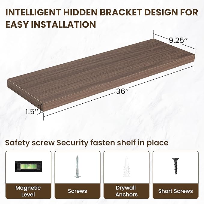 36 Inch Floating Shelves, 36"x9.25"x1.5" Inch Deep Floating Shelves for Wall, Wooden Shelves for Bathroom, Bedroom, Living Room, Walnut, 2 Pieces