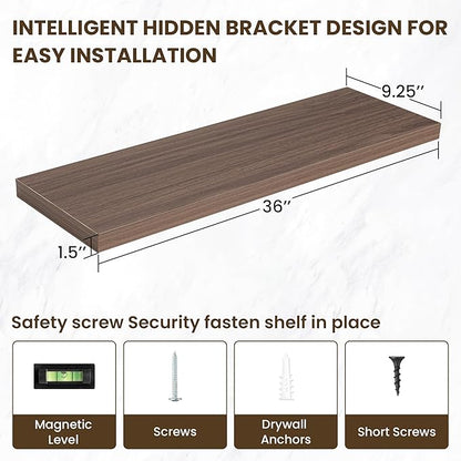 36 Inch Floating Shelves, 36"x9.25"x1.5" Inch Deep Floating Shelves for Wall, Wooden Shelves for Bathroom, Bedroom, Living Room, Walnut, 2 Pieces