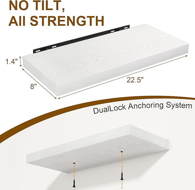 White Floating Shelves 22.5 Inch Long, 8 Inch Deep Floating Shelf Wall Mounted, Rustic Wood Bathroom Shelves for Storage, 22.5x8 Deep Shelf Set of 2 with Invisible Brackets for Books|Storage|Decor