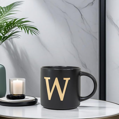 COLLECTIVE HOME - Monogram Ceramic Mugs, 15 oz Golden Initial Black Coffee Cups, Elegant Alphabet Tea Mugs, Elegant Personalized Mug with Gift Box, Unique Mug with Double Side Capital Lette (W)