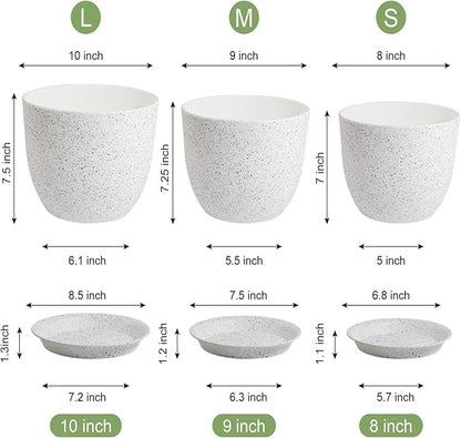10/9/8 inch Medium Plant Pots, Set of 3 Modern Decorative Plastic Planters with Drainage Holes and Saucers for Garden House Plants, Flower Pots for Indoor Outdoor Plants, Speckled White
