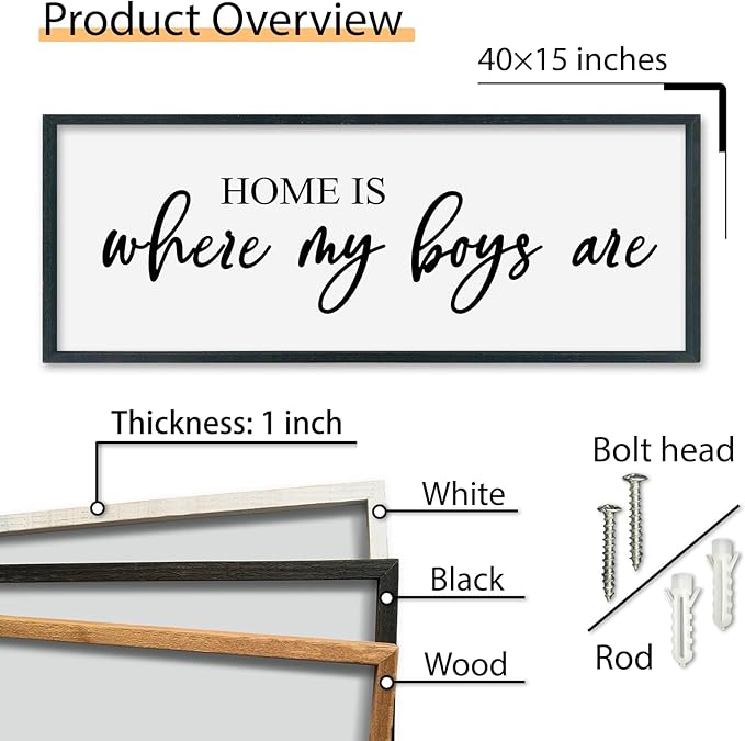 SRSZHIYUE Home Is Where My Boys Are Sign Wall Art Decor 40"×15" for Family Bedroom Large Wood Framed Wall Hanging (Black)