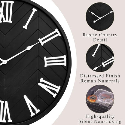 30 Inch Large Wall Clock Farmhouse Style - Black Silent Non-Ticking Rustic Decor for Living Room, Kitchen, Bedroom