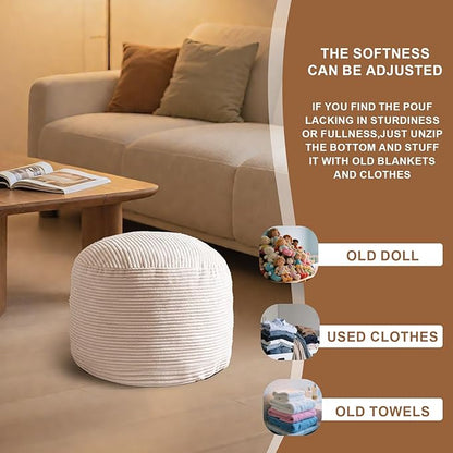 Round Stuffed Pouf Ottoman, Foot Stools Ottoman,Corduroy Poufs with Foam Chunk Filling, Furry and Fluffy Storage Ottomans, 20 X 15 Floor Poufs Foot Rest for Living Room