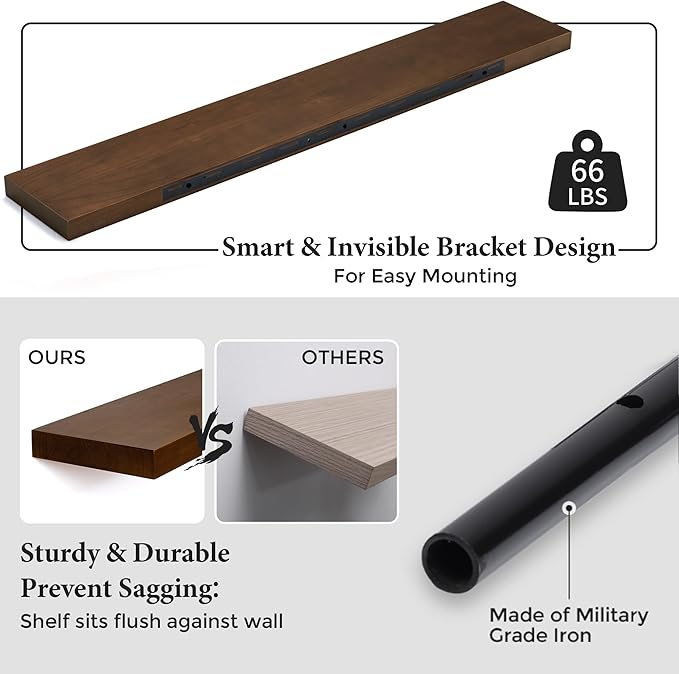 Axeman Floating Shelves, 8 Inch Deep Modern Solid Wood Wall Shelves for Storage, Wall Mounted Display Shelving with Invisible Heavy-Duty Metal Bracket, 48" W x 8" D x 1.6" H, Walnut