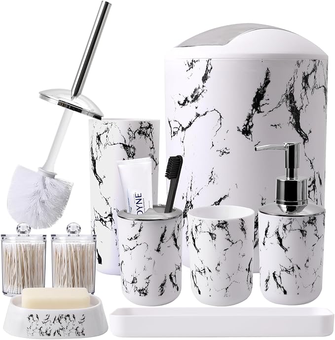 White Marble Bathroom Accessories Set, White Bathroom Set with Trash Can, Vanity Tray, Soap Dispenser, Soap Dish, Toothbrush Holder, Toothbrush Cup, Toilet Brush and Qtip Holders for Bathroom
